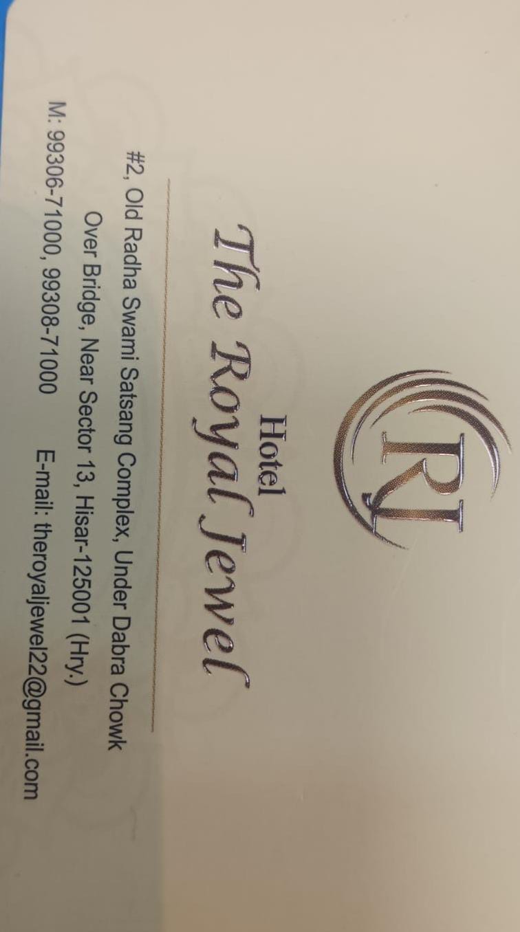 Hotel The Royal Jewel business card with phone numbers and email address